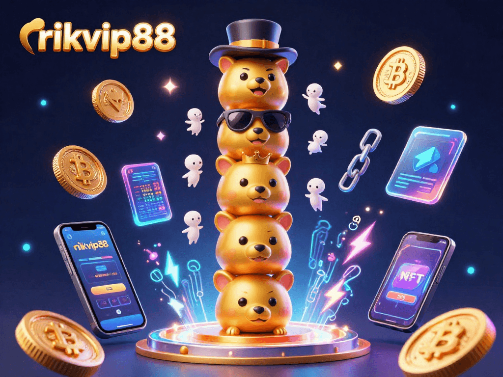 Experience the thrilling energy of rikvip88 with a vibrant totem pole illustration surrounded by cryptocurrency elements.