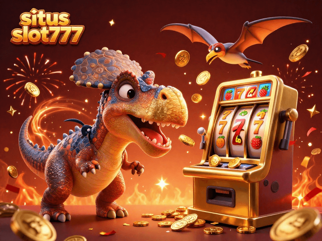 Situs slot777 showcases a striking scene with a dinosaur interacting with a slot machine amidst flying coins.