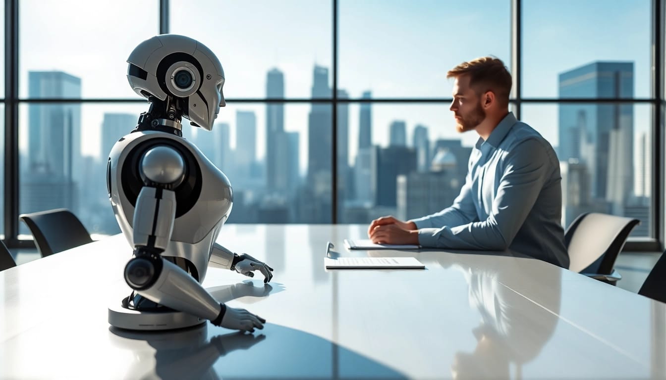 AI Bots collaborating in a modern office environment, showcasing teamwork.