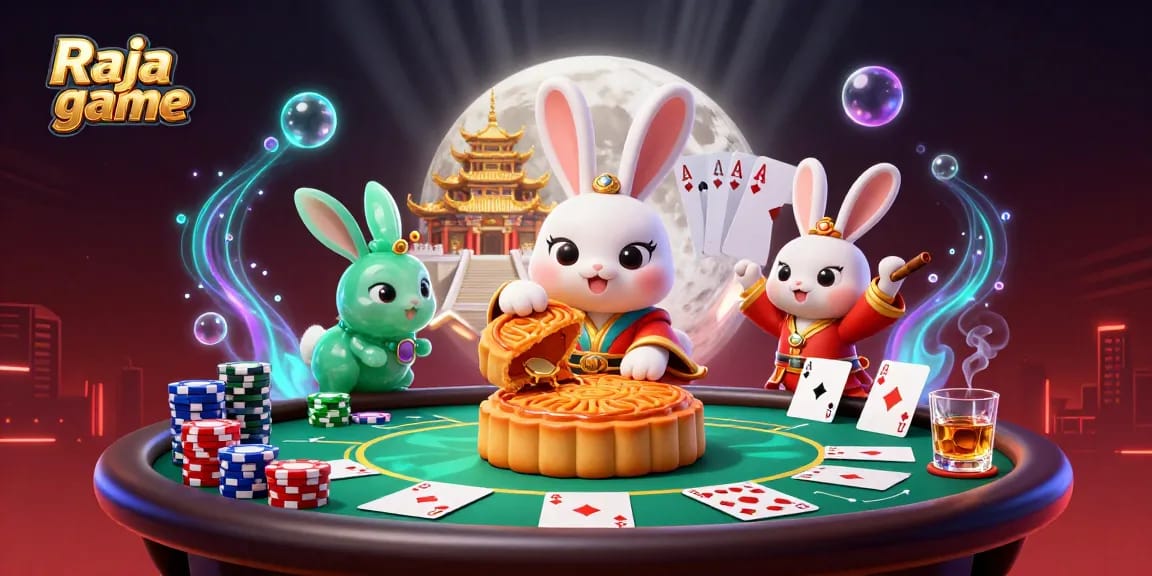 Engage with Raja game through an exciting moon rabbit-themed casino illustration showcasing dynamic winnings.
