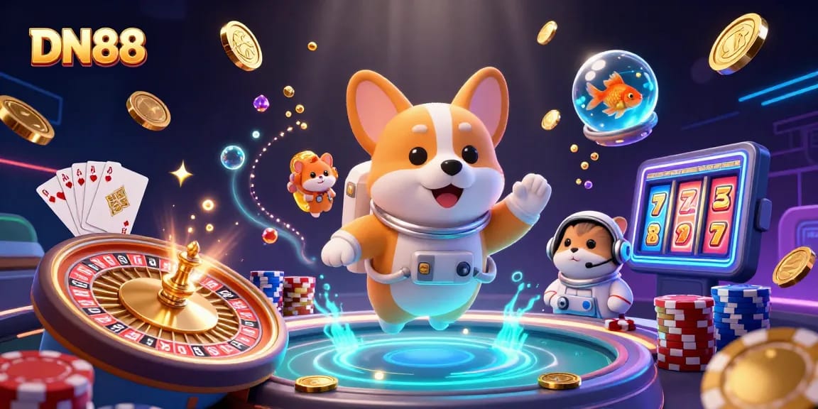 Engage with DN88 in a thrilling casino adventure featuring an astronaut corgi and vibrant game elements.