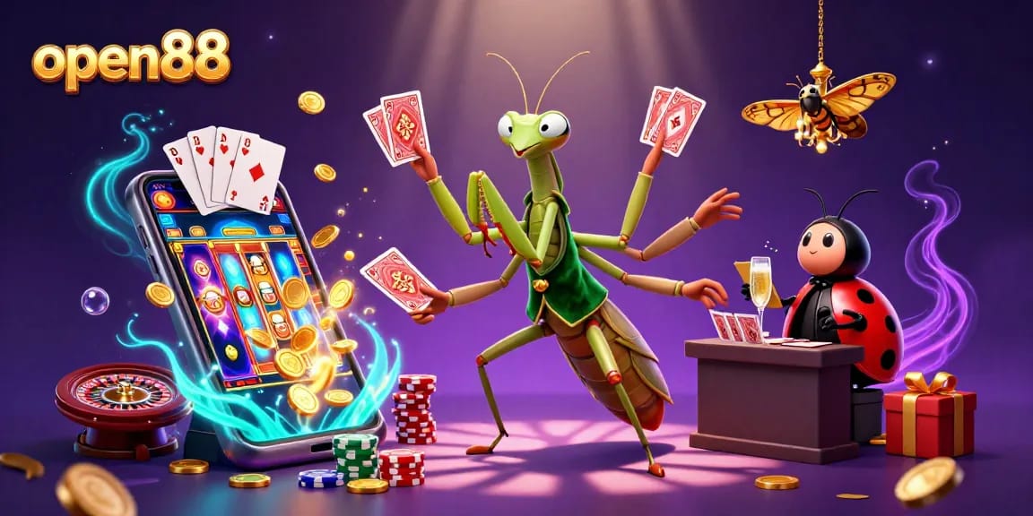 Experience thrilling gaming at open88 with a vibrant scene of the 3D mantis card sharp and ladybug pit boss in a dynamic casino atmosphere.