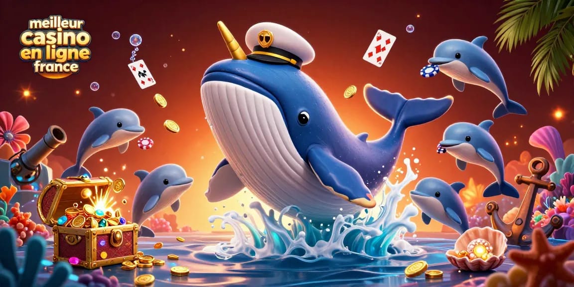 Illustration dynamique du meilleur casino en ligne en France avec des personnages de la mer jouant avec des jetons de poker.