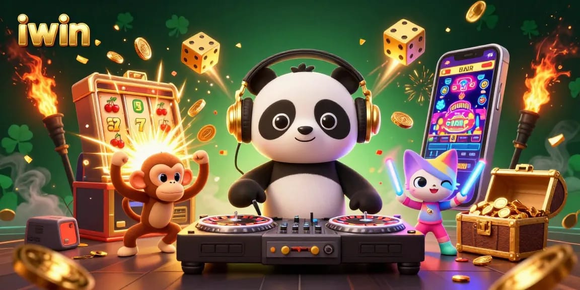 Join the iwin casino adventure with a DJ panda and breakdancing monkey in an explosive jackpot scene.