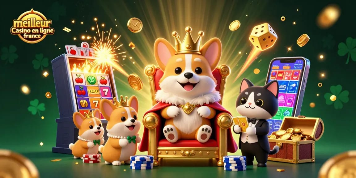 Illustration dynamique mettant en scène le meilleur casino en ligne France avec des corgis royaux sur un trône de jetons de poker.