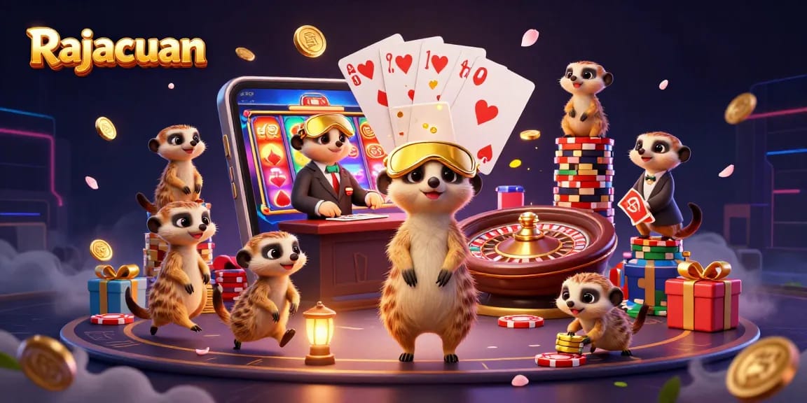 Experience the thrills of Rajacuan's casino with meerkats gaming in a vibrant and colorful scene.