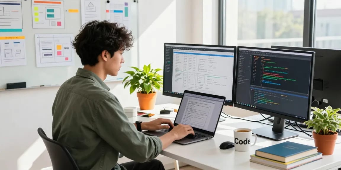Workspace showcasing NAGA2000 software development process with vibrant tech environment and coding screens.