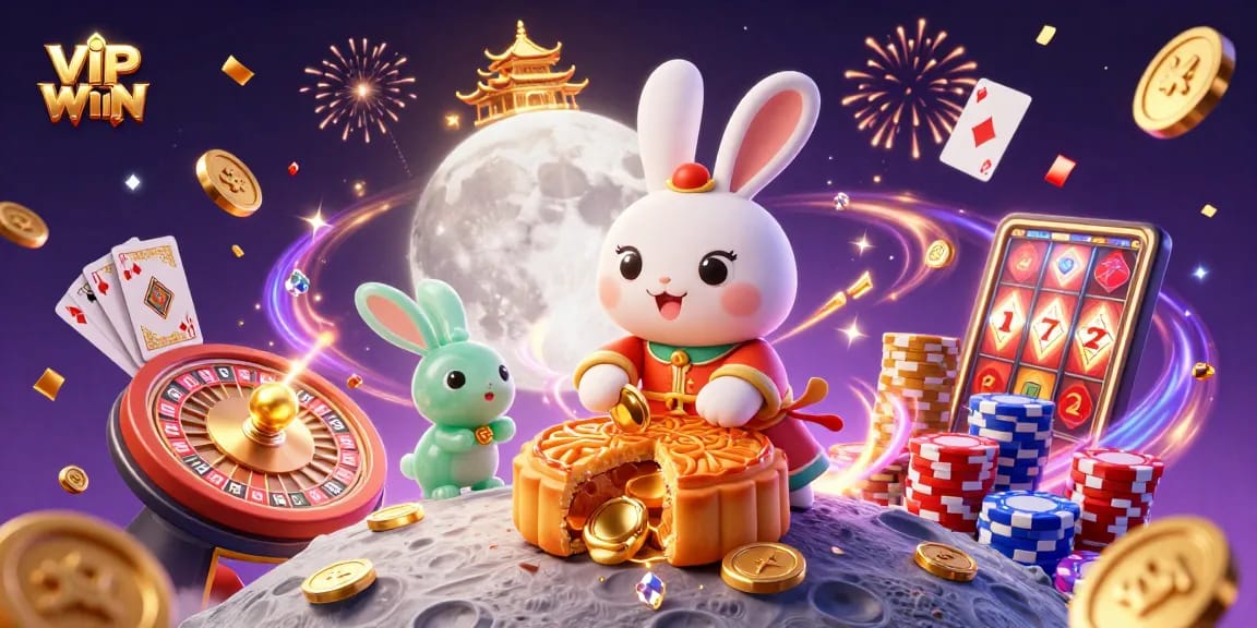 Experience the excitement of VIPWIN in a vibrant casino-themed illustration with golden coins, poker chips, and festive elements.