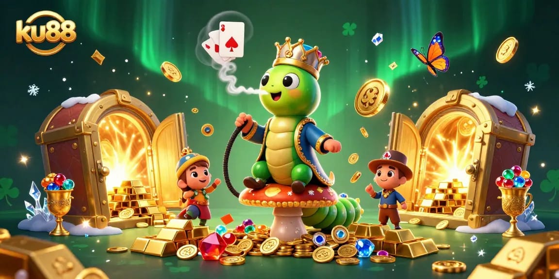 ku88 captivates players with a vibrant 3D casino scene showcasing a hookah-master and treasure