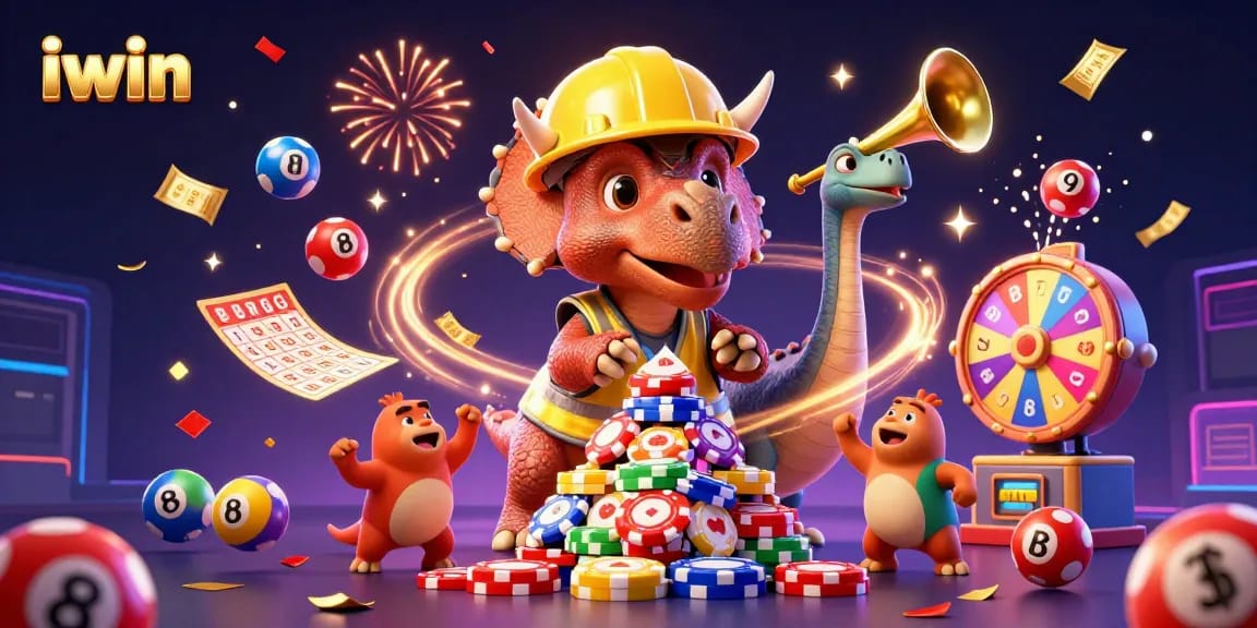 iwin celebrates wins with a cartoon triceratops building poker chip pyramids amidst colorful casino elements.