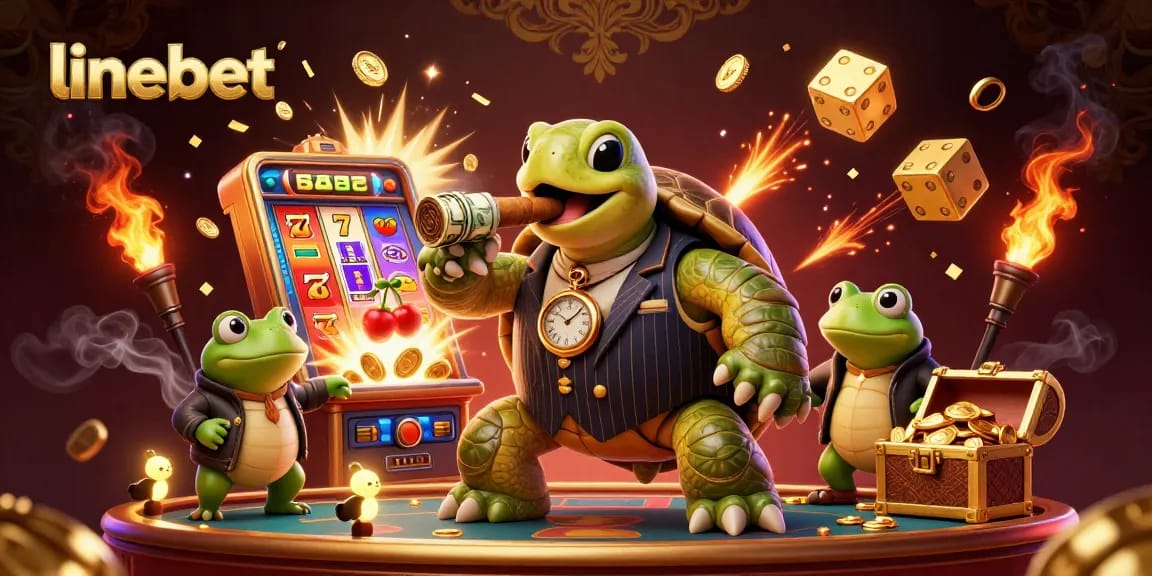 Experience excitement at linebet's slots with a vibrant 3D illustration featuring a turtle in a mobster suit.