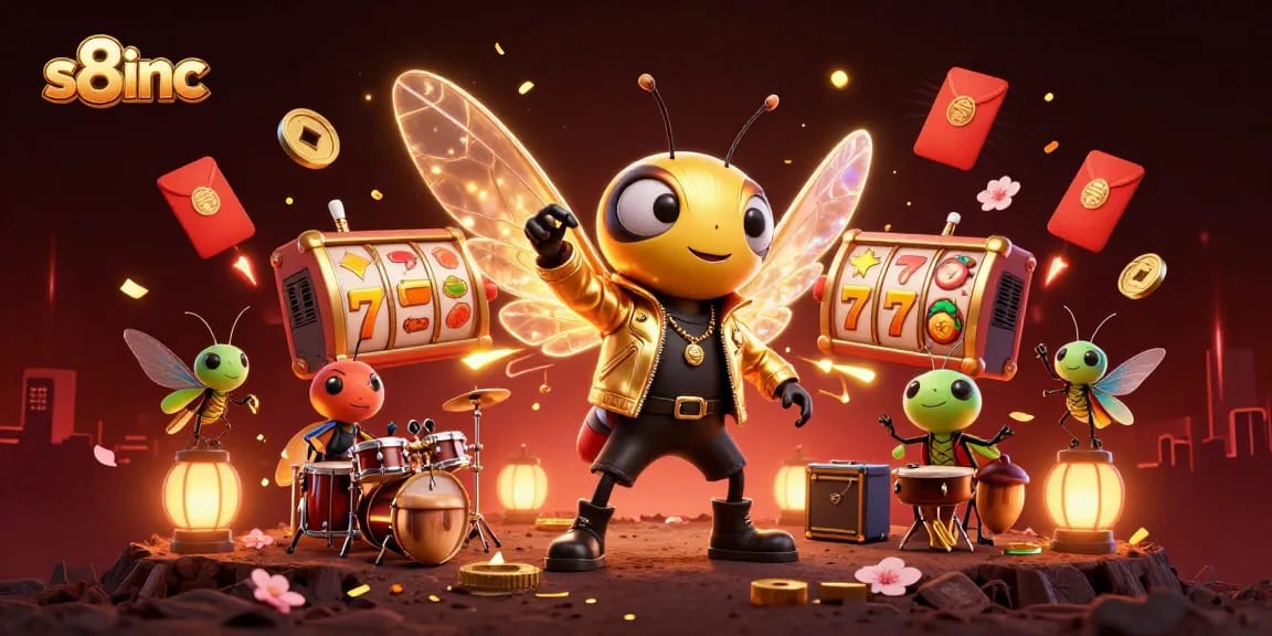 Experience thrilling gambling with s8inc at a vibrant digital casino illustration featuring animated characters and games.