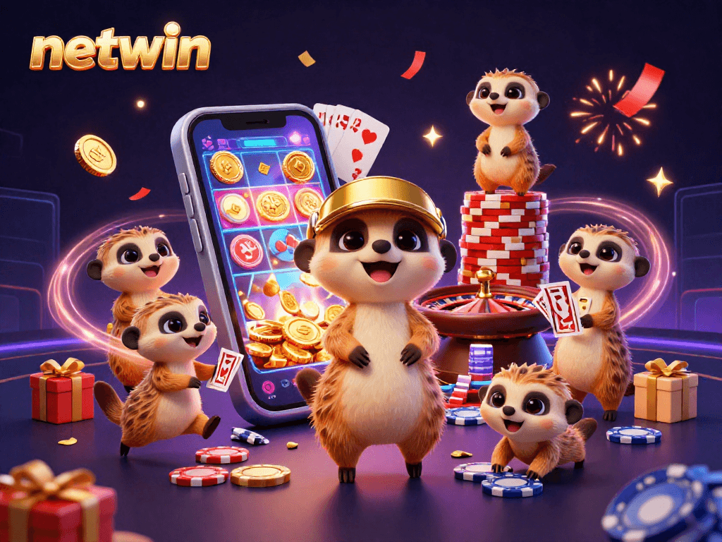 Meerkats managing a lively netwin casino scene filled with slots and poker excitement.