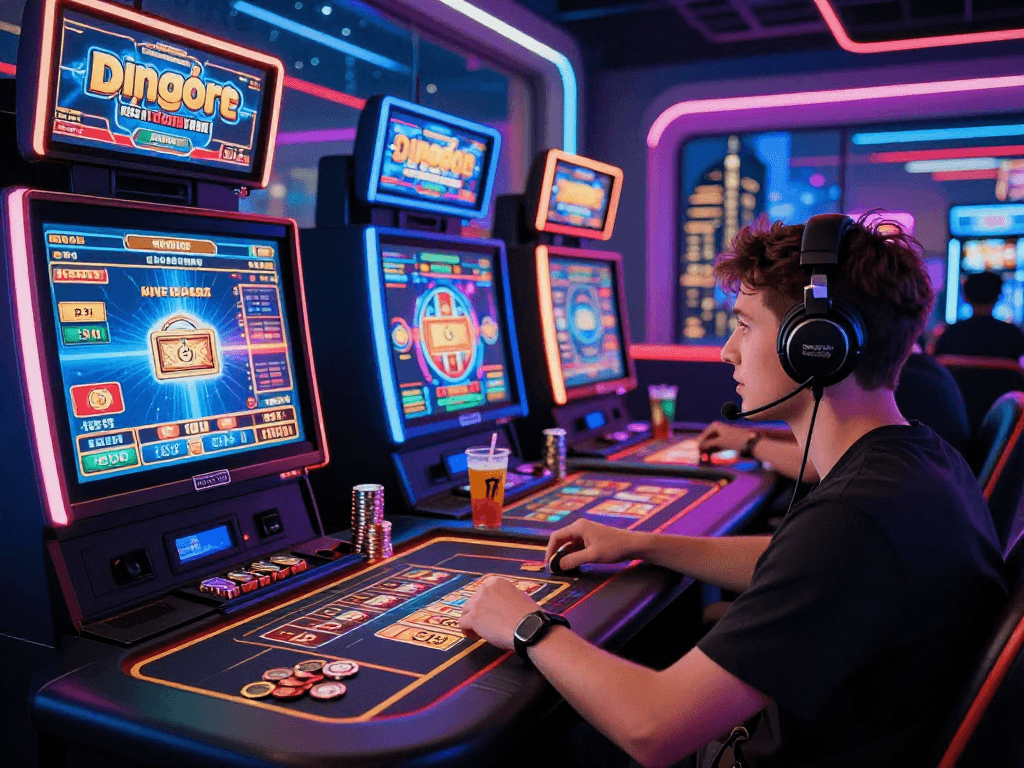 Experience the excitement of a crypto casino with vibrant gaming and digital currency elements.