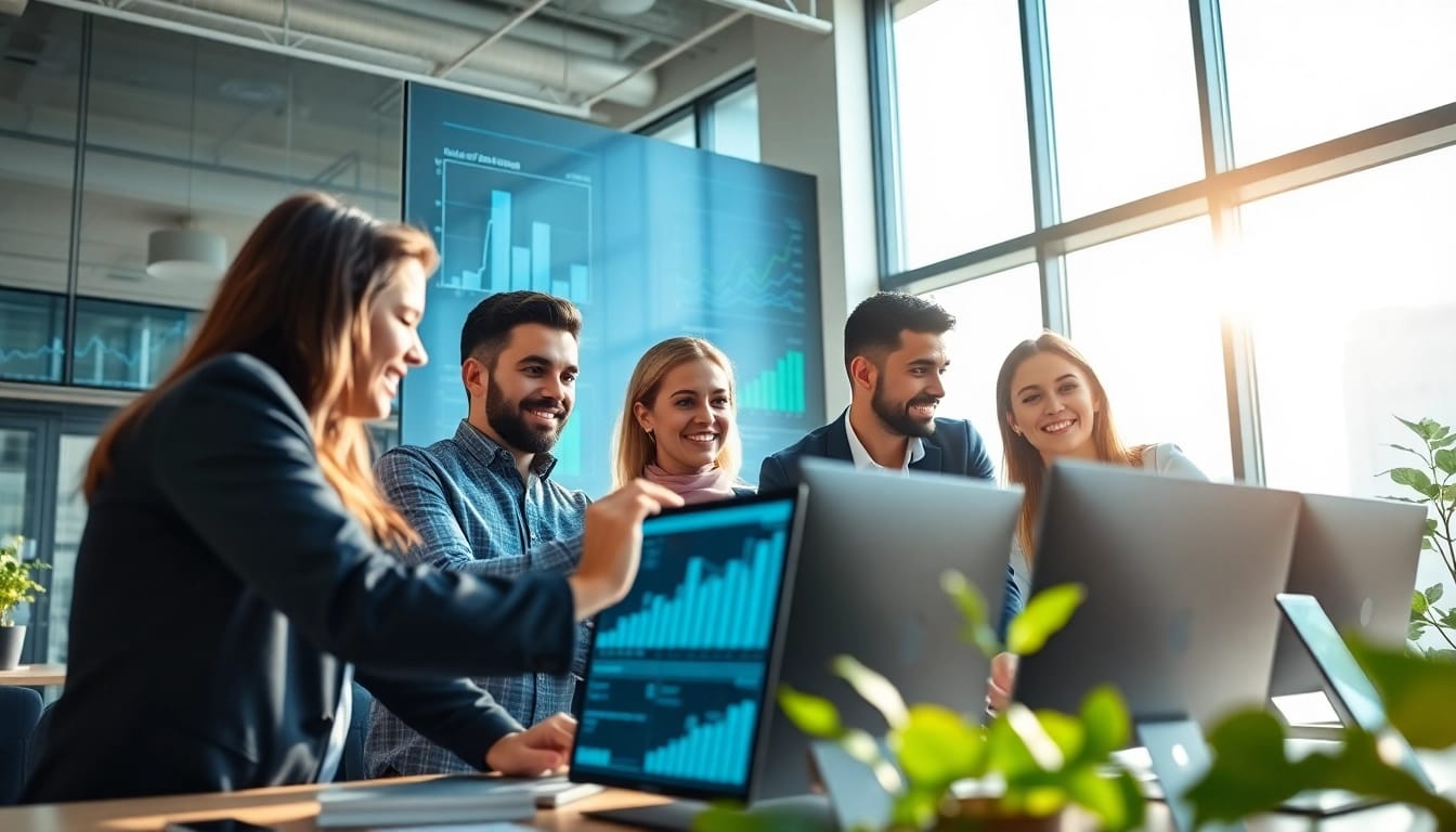 Team discussing strategy for sales AI software in a vibrant office environment.