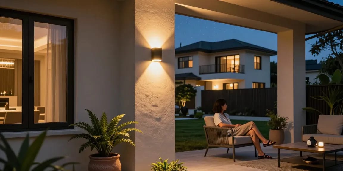 Aplica led exterior iluminând un porch modern cu atmosferă caldă și primitoare.