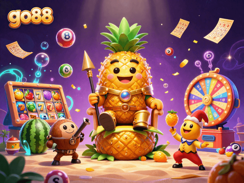 Experience the exciting adventures of go88 with vibrant slots, lottery balls, and more in this colorful casino scene.