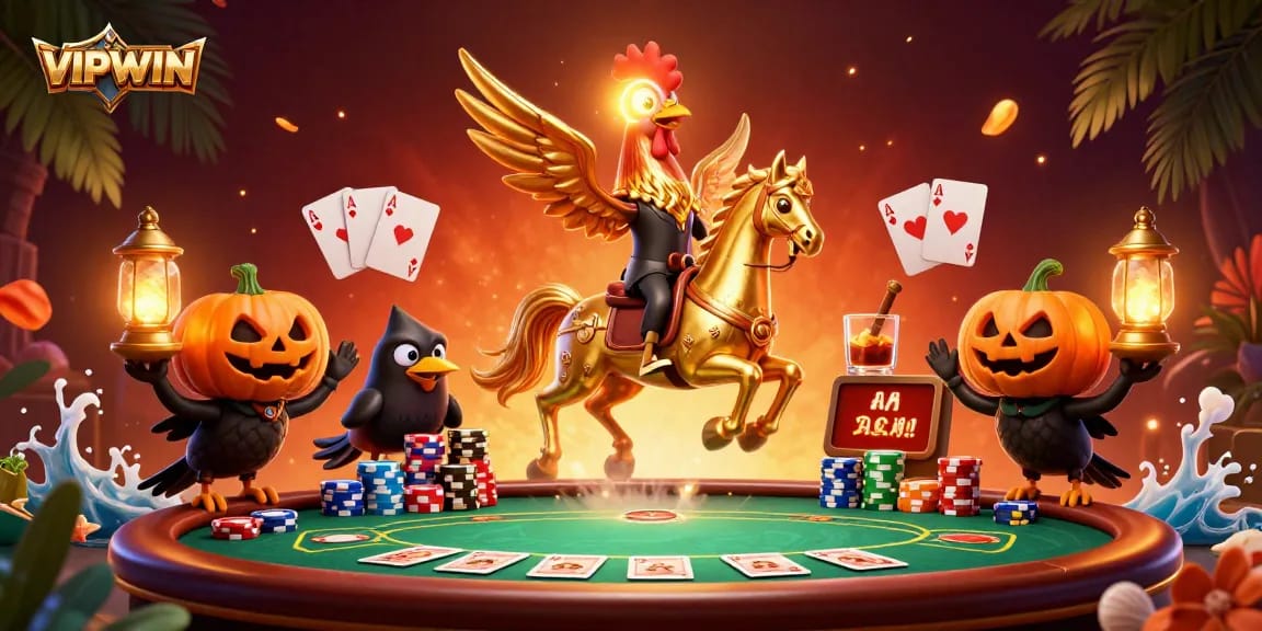 Experience rich gambling excitement at VIPWIN with the golden rooster and poker elements in a vibrant casino