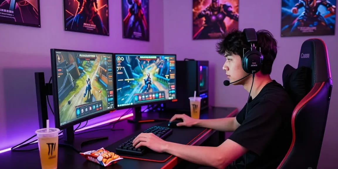 Engaged gamer accessing rajagacor88 on dual monitors in a vibrant gaming setup.