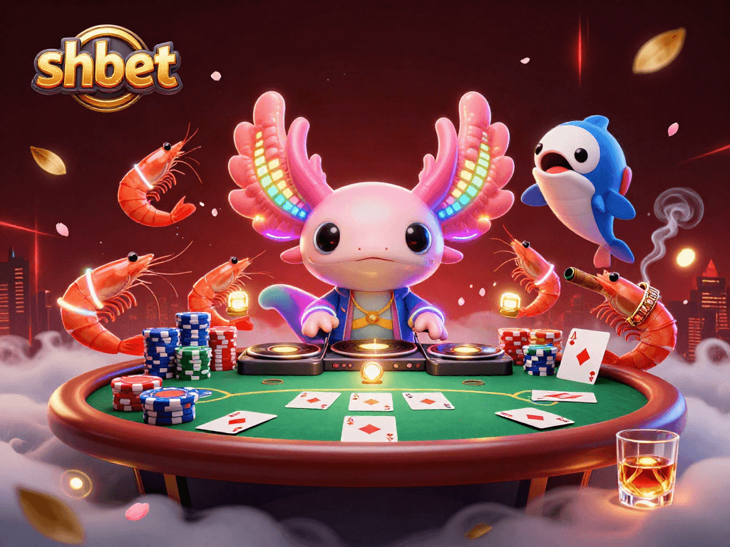 shbet interactive 3D casino scene with neon axolotl DJ and poker game elements