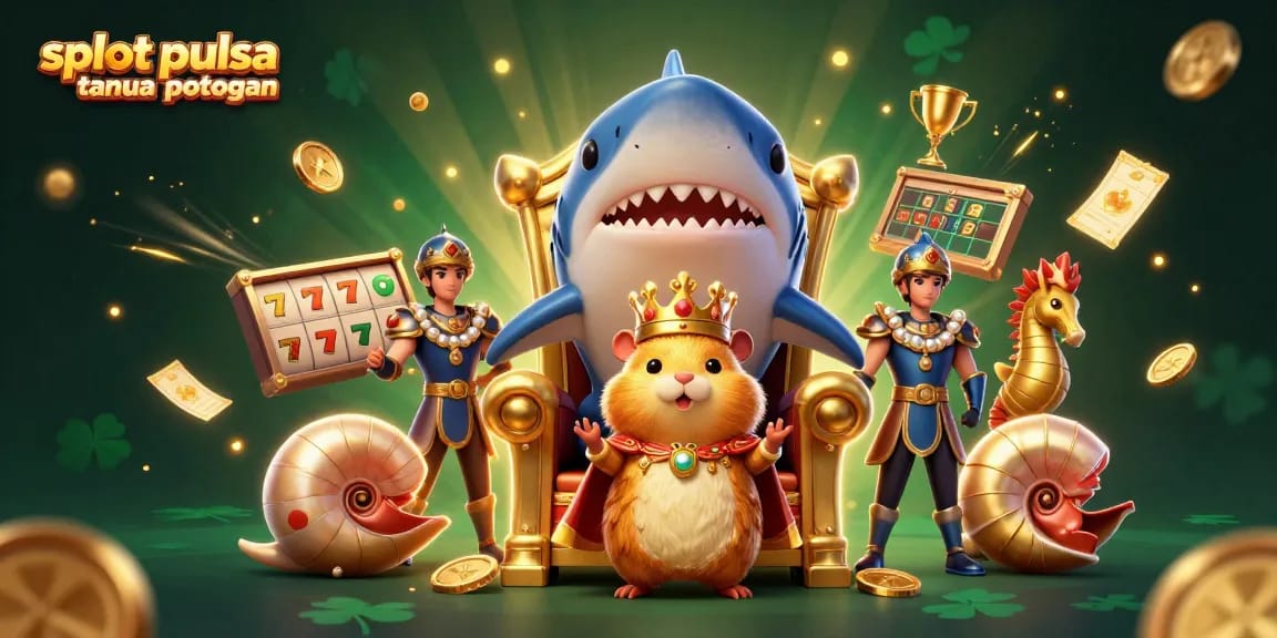 Slot pulsa tanpa potongan: Raja hamster emas bertakhta di gigi hiu, memimpin penjagaan seahorse di kasino.