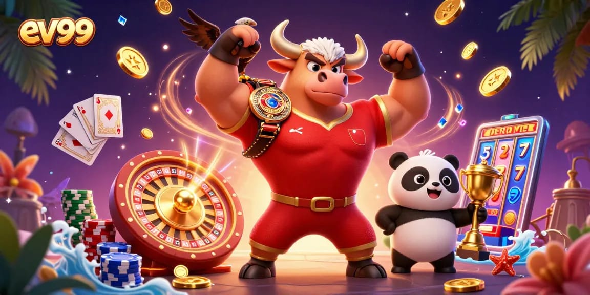 Experience thrilling wins with ev99 in this vibrant 3D casino illustration featuring animated characters.