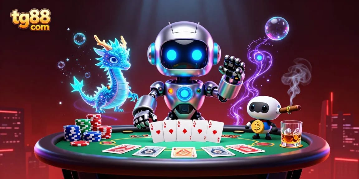 Join the action at tg88 com with a thrilling poker scene featuring dynamic 3D characters and vibrant casino elements.