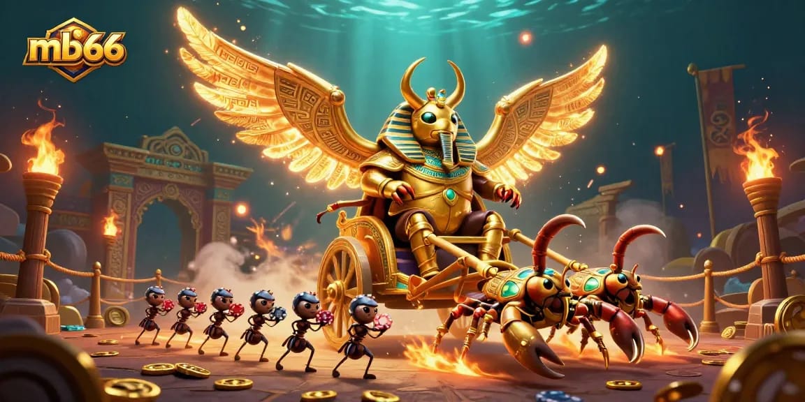 Experience the excitement of mb66 casino games with 3D scarab characters and vibrant elements.