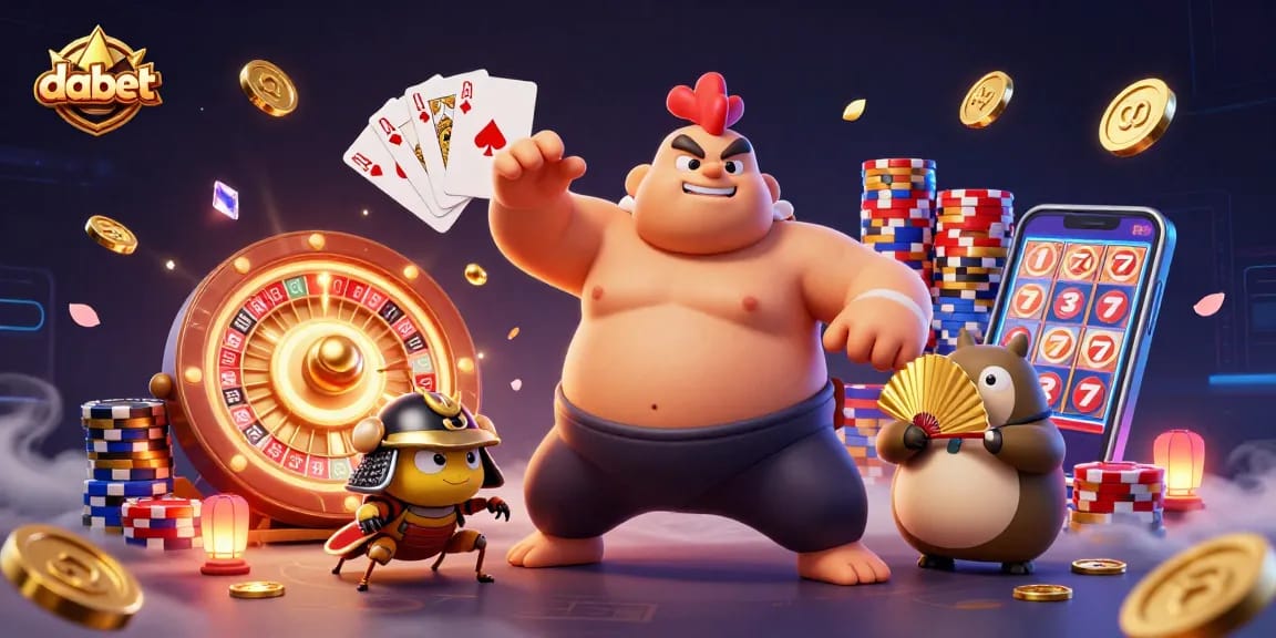 Dabet's vibrant scene showcases a powerful sumo wrestler rooster amidst casino excitement with flying golden coins.