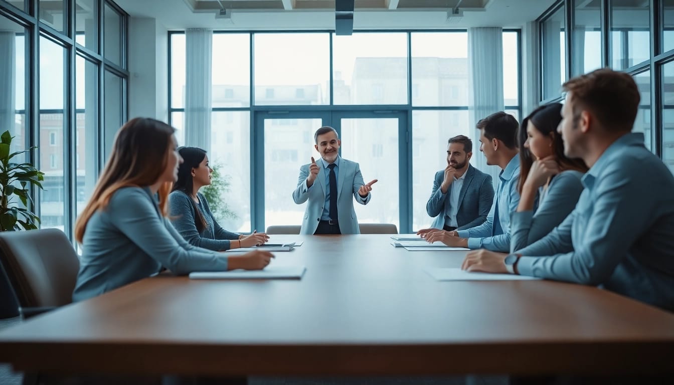 Sales coordinator collaborating with team members in a modern office environment.