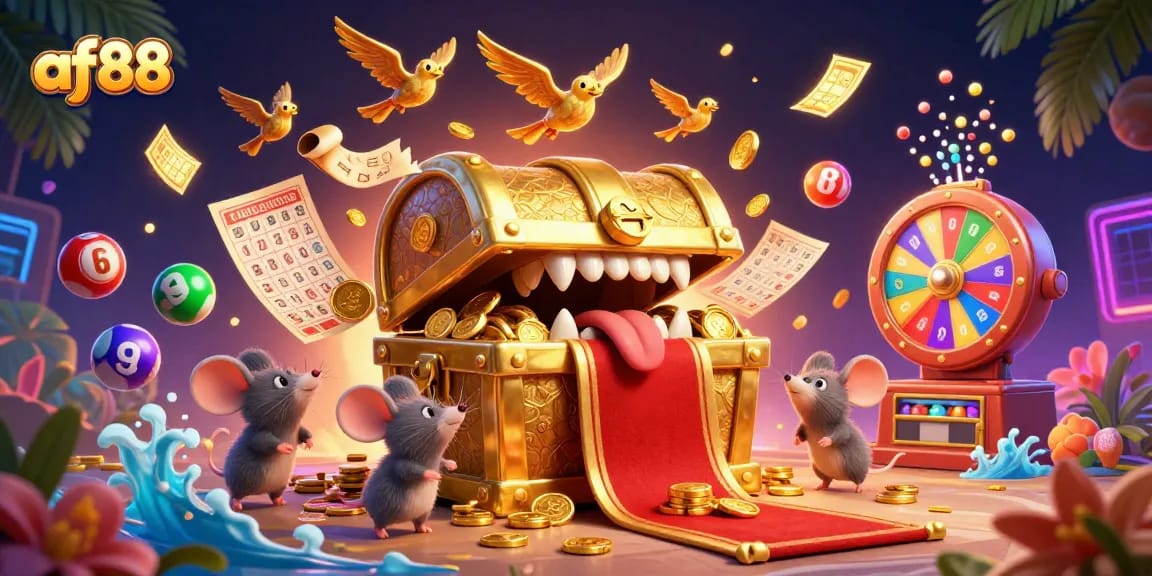 Experience the excitement of af88 gaming with a vibrant 3D scene featuring dynamic elements and treasures.