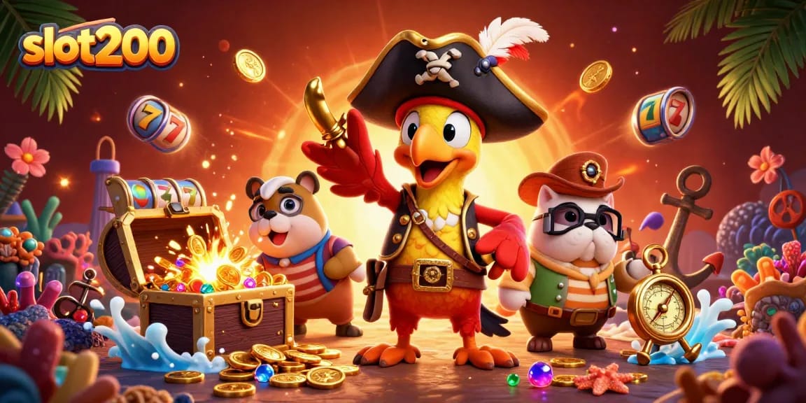 Join the adventure of slot200 with pirate characters surrounded by explosive treasures and slot elements.