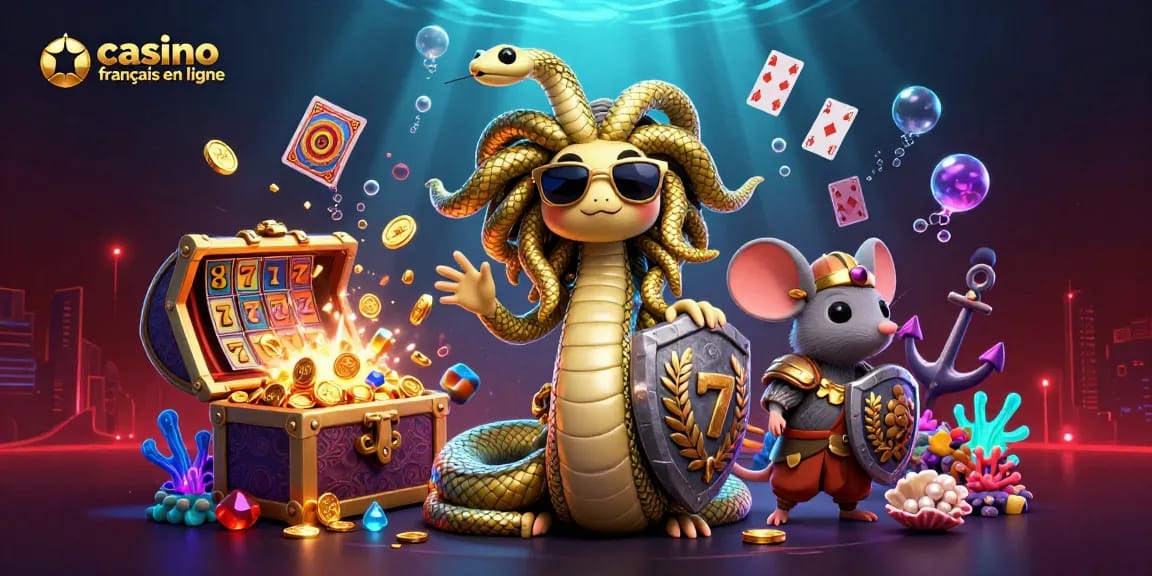 Un jeu de casino français en ligne captivant et dynamique avec Medusa et un guerrier souris.