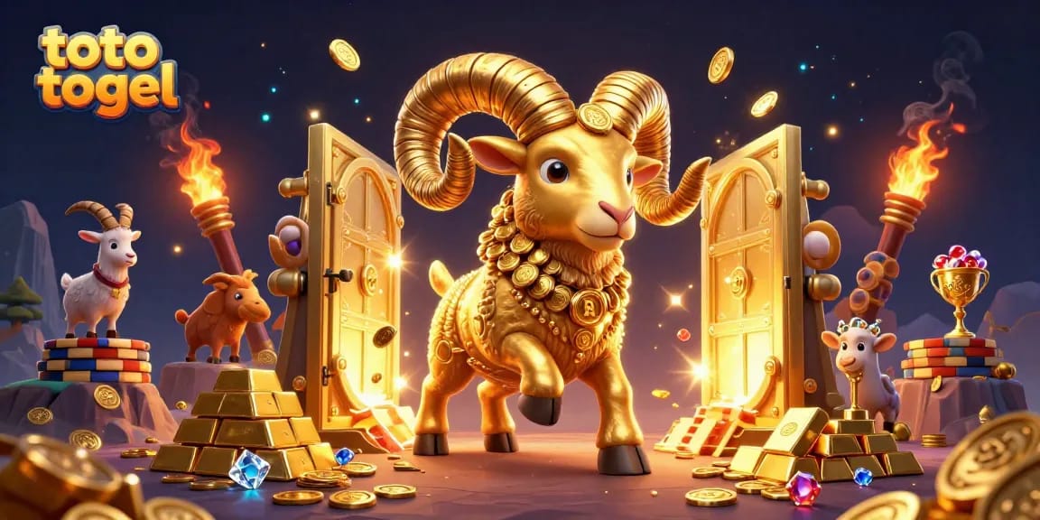 Experience the excitement of toto togel with a golden ram charging into riches surrounded by treasures.