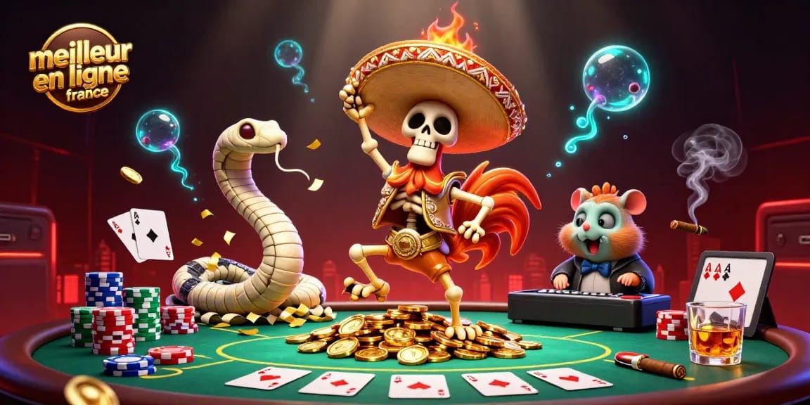 Illustration dynamique de la scène du meilleur casino en ligne France, avec des personnages animés de poker.