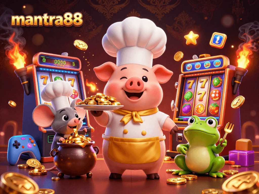 A dynamic illustration of mantra88 showcasing a chef pig, sous-chef mouse, and critic frog celebrating winnings amidst casino slot symbols.