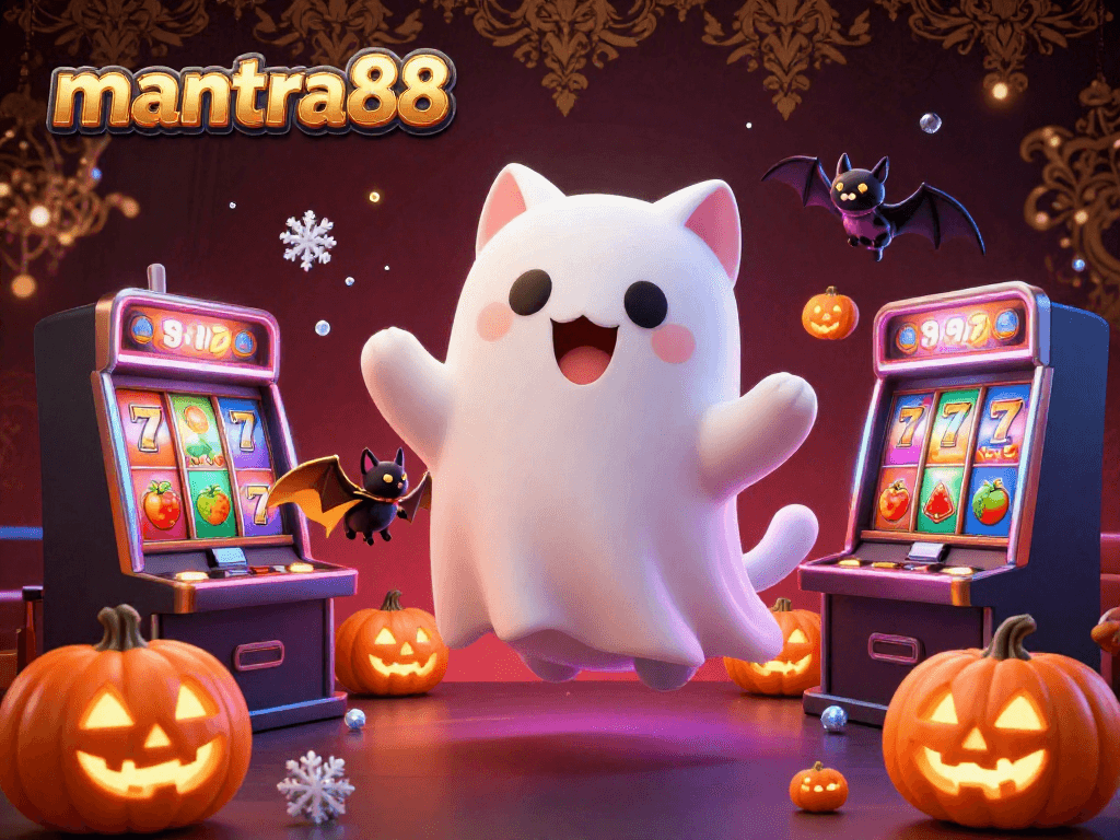 Experience thrilling gameplay with mantra88 in a vibrant casino scene featuring a ghost cat and exciting slot reels.