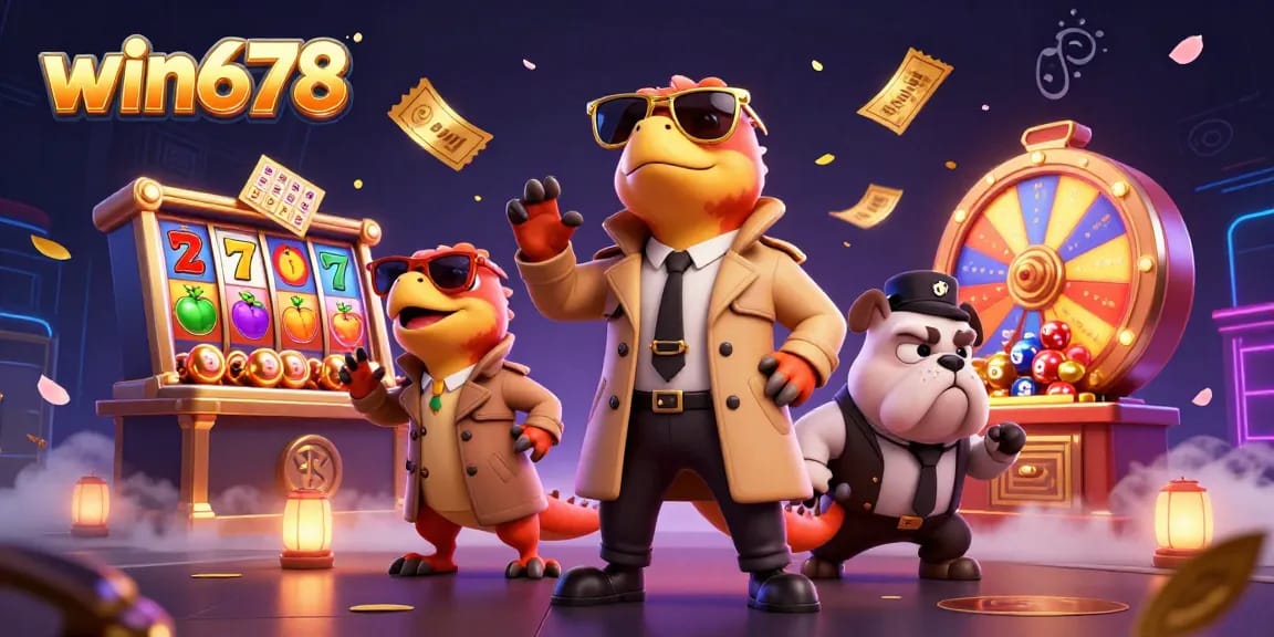 win678 slots packed with vibrant colors and dynamic elements in a 3D casino scene featuring raptors and a bulldog bouncer