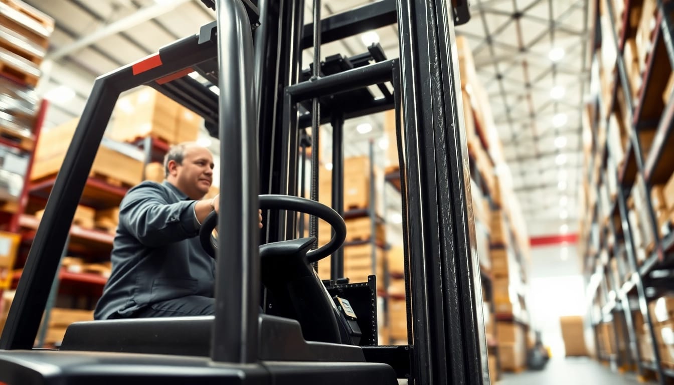 Operator using a forklift to lift pallets in a busy warehouse environment.