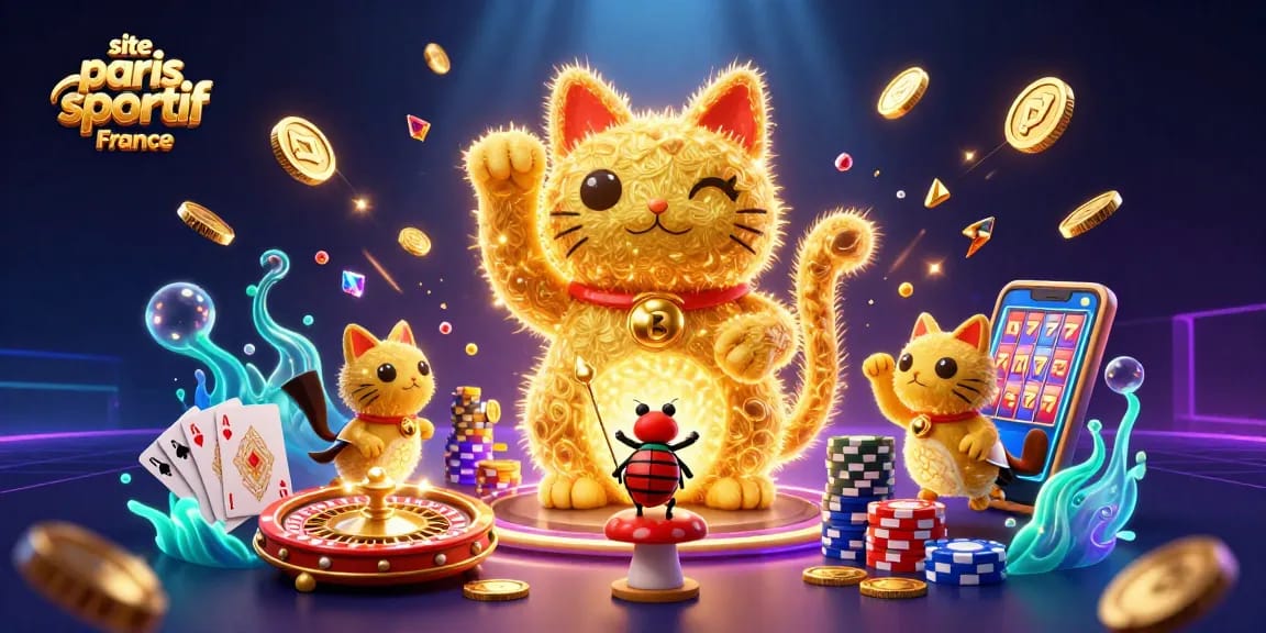 Venez découvrir le site paris sportif France avec des feux follets dorés représentant un chat chanceux, entourés d'éléments de jeu.