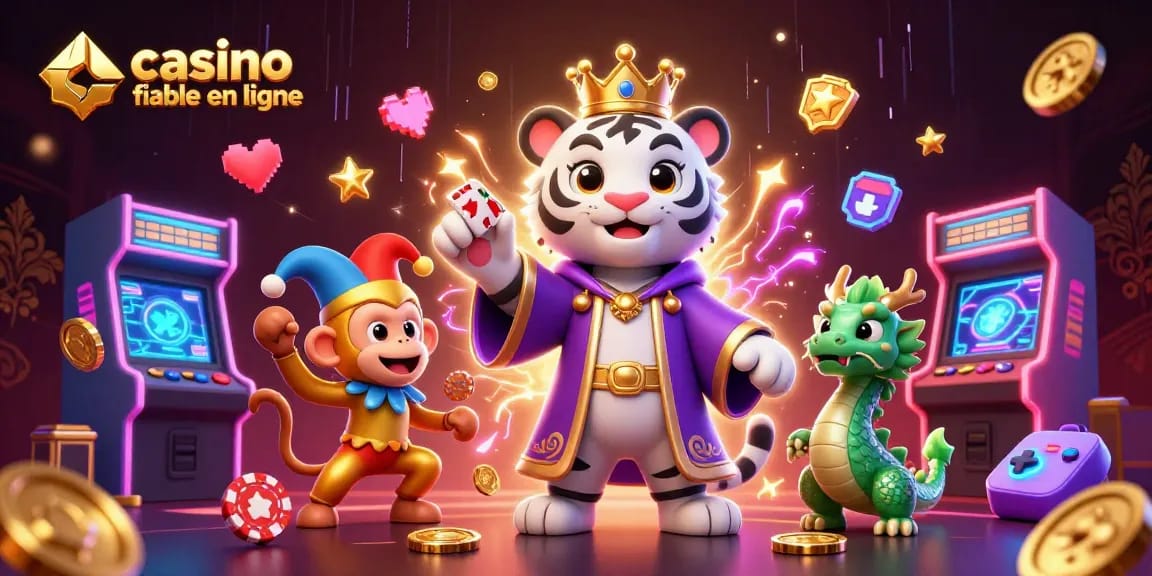 Plongez dans l'univers de casino fiable en ligne avec un tigre 3D, un singe jongleur, et un dragon de jade au cœur d'une scène animée.