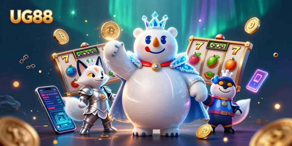Play exciting slots at UG88 with an engaging polar bear mascot and lively game elements.