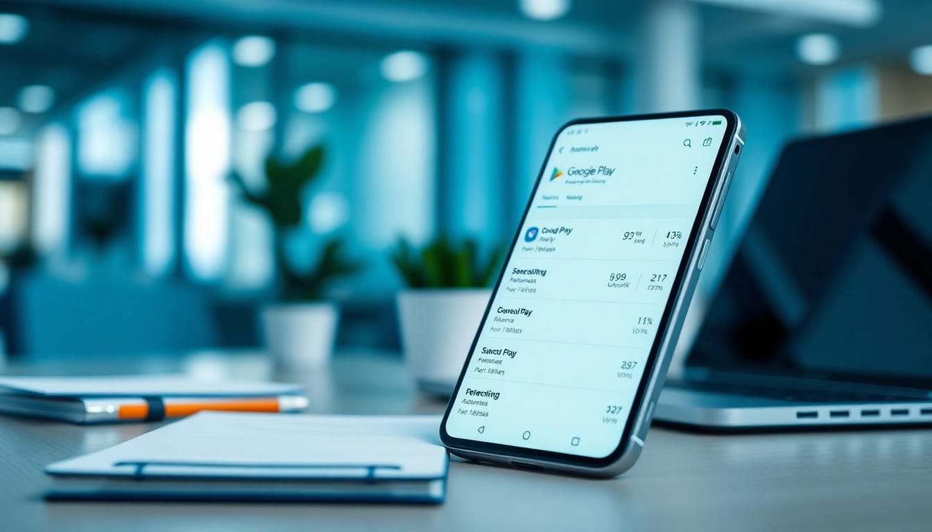 Analyze google play ranking on a smartphone set in a modern office environment.