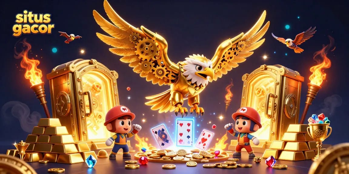 Experience the thrill of situs gacor with a vibrant scene featuring a cybernetic eagle amidst winning cards and treasures.