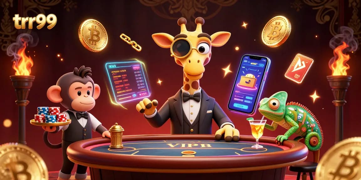 Engage with trr99 in a vibrant casino scene featuring a high-roller giraffe and dynamic gaming elements.