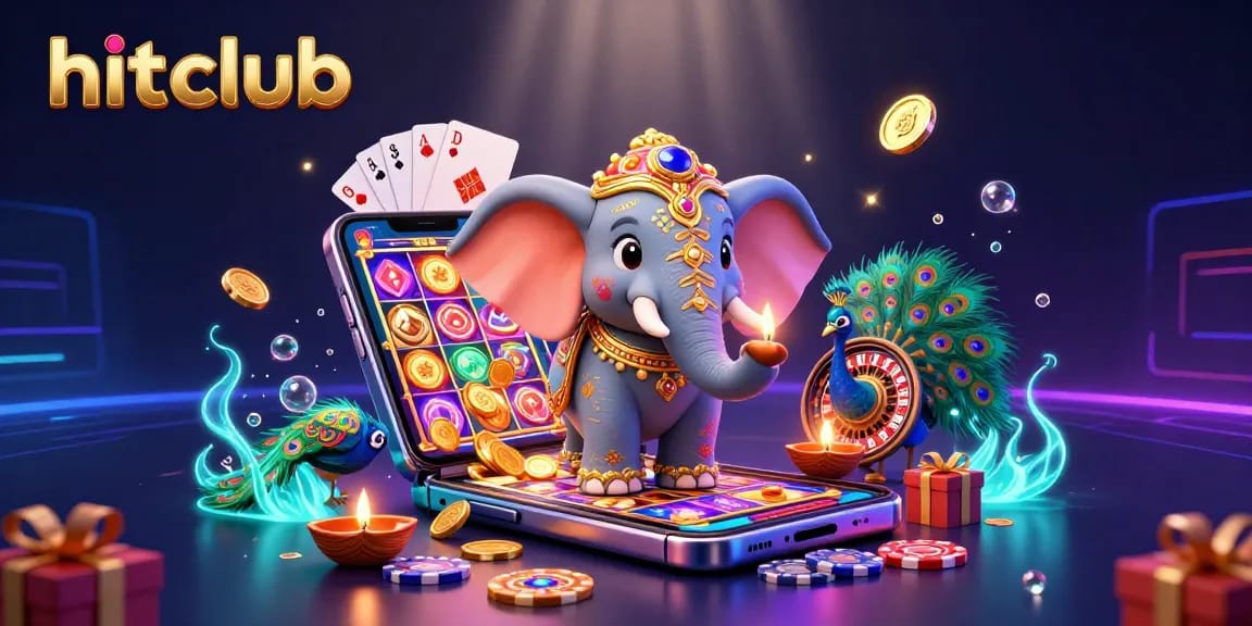 Hitclub players engaging with vibrant slots and festive casino elements in a dynamic 3D illustration.