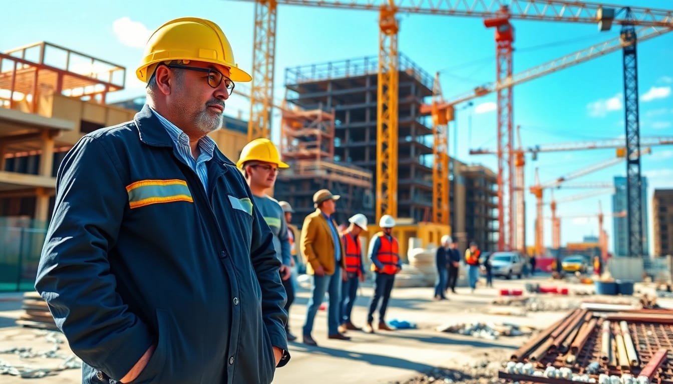 New York Commercial General Contractor supervising a dynamic construction site with diverse workers.