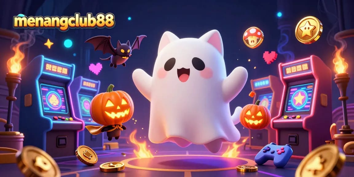Experience the thrill of winning at menangclub88 with a vibrant scene featuring a ghost cat and a vampire bat!