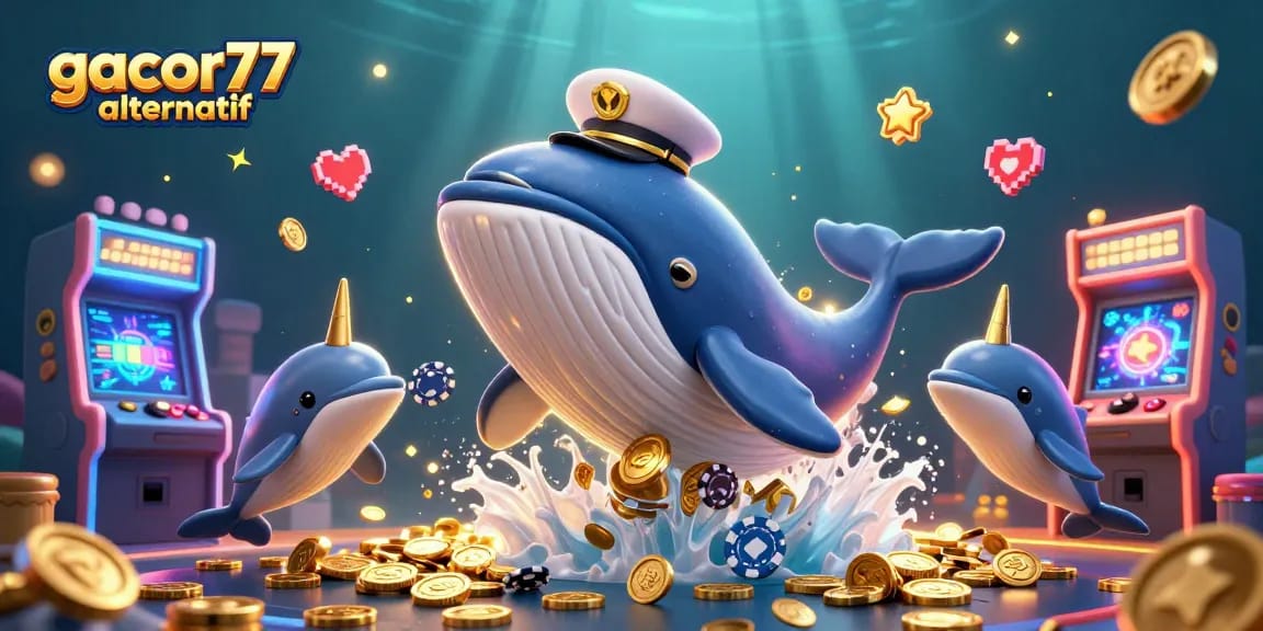 Permainan gacor77 alternatif menampilkan ikan paus 3D dan delfin dalam suasana kasino yang semarak.