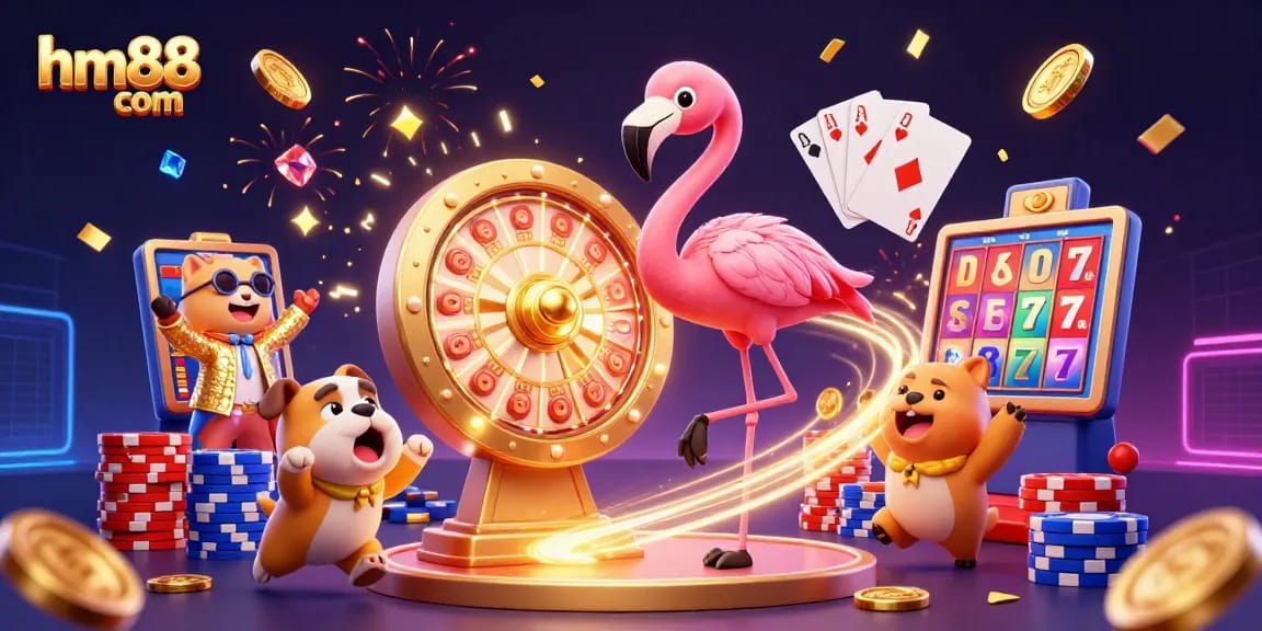 Experience winning thrills at hm88 com with a dazzling cartoon casino scene featuring exciting game elements.